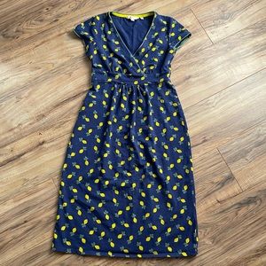 Boden navy lemon print jersey v-neck dress